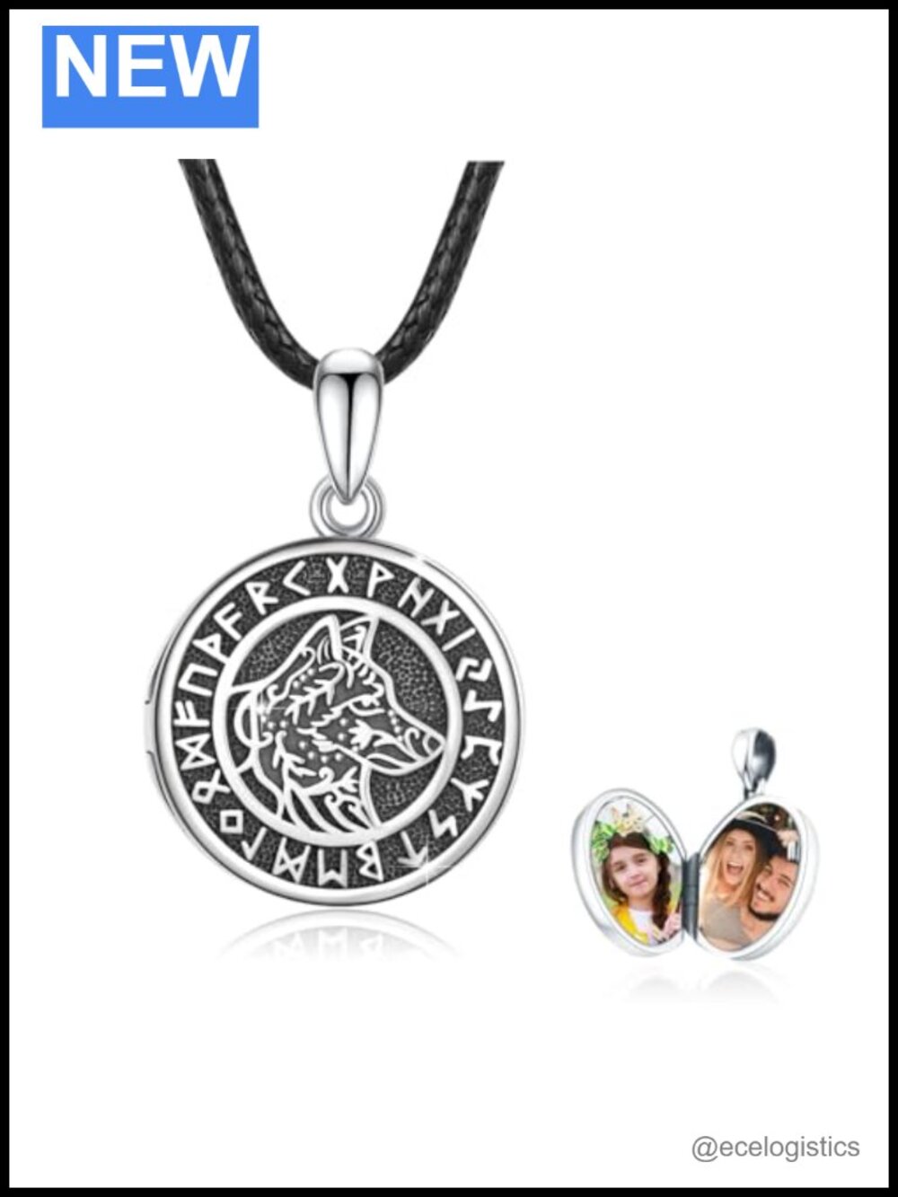 Sterling Silver Wolf Locket Necklace Viking Runes Photo Charm